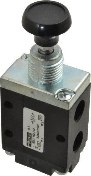 Parker - 0.83 CV Rate, 1/4" NPT Inlet Direct Air 4 Mechanical Spool Valve - 3 Way, 2 Position NC, 150 Max psi, Button Manual Return - Benchmark Tooling
