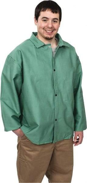 Steel Grip - Size 2XL Welding & Flame Resistant/Retardant Jacket - Green, Cotton, Snaps Closure, 52 to 54" Chest - Benchmark Tooling