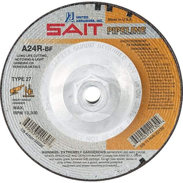 Sait - 24 Grit, 9" Wheel Diam, 1/8" Wheel Thickness, Type 27 Depressed Center Wheel - Aluminum Oxide, Resinoid Bond, R Hardness, 6,600 Max RPM, Compatible with Angle Grinder - Benchmark Tooling