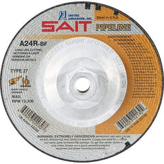 Sait - 24 Grit, 9" Wheel Diam, 1/8" Wheel Thickness, Type 27 Depressed Center Wheel - Aluminum Oxide, Resinoid Bond, R Hardness, 6,600 Max RPM, Compatible with Angle Grinder - Benchmark Tooling
