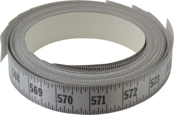 Made in USA - 48 Ft. Long x 1 Inch Wide, 1/16 Inch Graduation, Silver, Mylar Adhesive Tape Measure - Reads Left to Right, Horizontal Scale - Benchmark Tooling