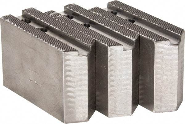 H & R Manufacturing - 1.5mm x 60° Serrated Attachment, Square Soft Lathe Chuck Jaw - 3 Jaws, Steel, 1.181" Btw Mount Hole Ctrs, 5" Long x 1-3/4" Wide x 3-1/2" High, 0.63" Groove, 12mm Fastener - Benchmark Tooling