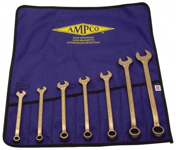 Ampco - 7 Piece, 3/8" to 7/8", 12 Point Combination Wrench Set - Inch Measurement Standard, Aluminum Bronze Finish, Comes in Roll-Up Pouch - Benchmark Tooling