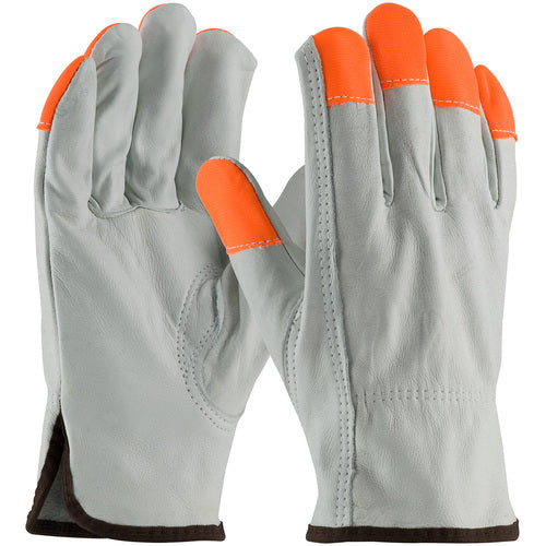 68-163HV/S Leather Drivers Gloves - TG Cowhide - Regular Grade - Hi-Vis Orange Fingertips - Keystone Thumb - Exact Industrial Supply