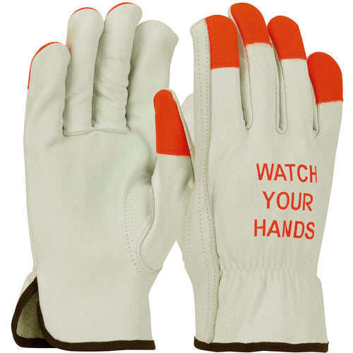 68-165HV/XL Leather Drivers Gloves - TG Cowhide - Superior Grade - Hi-Vis Orange Fingertips & Logo - Keystone