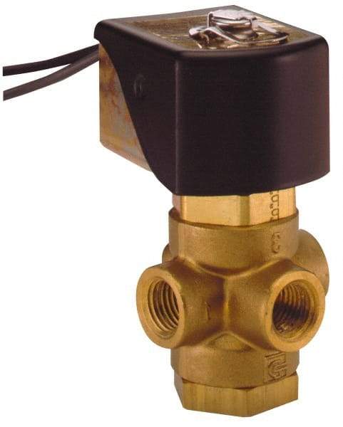 Parker - 1/4" Port, Three Way, Direct Acting, Brass Solenoid Valve - Universal, 125 Max PSI, NBR Seal - Benchmark Tooling