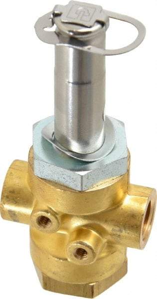 Parker - 1/4" Port, Three Way, Direct Acting, Brass Solenoid Valve - Normally Open, 235 Max PSI, NBR Seal - Benchmark Tooling