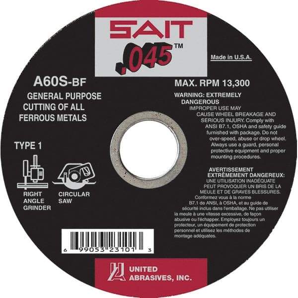 Sait - 7" 60 Grit Aluminum Oxide Cutoff Wheel - 0.045" Thick, 5/8" Arbor, 8,500 Max RPM, Use with Angle Grinders - Benchmark Tooling