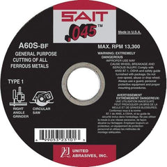 Sait - 7" 60 Grit Aluminum Oxide Cutoff Wheel - 0.045" Thick, 5/8" Arbor, 8,500 Max RPM, Use with Angle Grinders - Benchmark Tooling