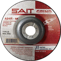 Sait - 24 Grit, 7" Wheel Diam, 1/4" Wheel Thickness, 7/8" Arbor Hole, Type 28 Depressed Center Wheel - Aluminum Oxide, Resinoid Bond, R Hardness, 8,500 Max RPM, Compatible with Angle Grinder - Benchmark Tooling