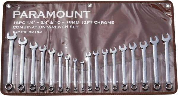 Paramount - 18 Piece, 1/4" to 3/4" (10mm to 18mm), 12 Point Combination Wrench Set - Inch/Metric Measurement Standard, Full Polish Finish, Comes in Canvas Roll - Benchmark Tooling