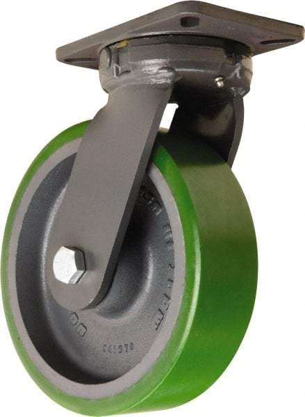 Hamilton - 10" Diam x 3" Wide x 12-1/2" OAH Top Plate Mount Swivel Caster - Polyurethane Mold onto Cast Iron Center, 3,000 Lb Capacity, Sealed Precision Ball Bearing, 5-1/4 x 7-1/4" Plate - Benchmark Tooling