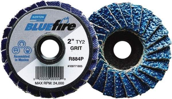 Norton - 80 Grit, 2" Disc Diam, Type 27 Zirconia Alumina Flap Disc - 30,000 Max RPM, Fiberglass Backing, Quick Change Type S Attaching System, Coated - Benchmark Tooling