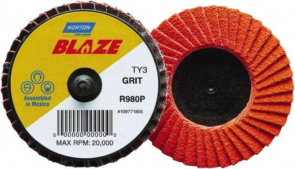 Norton - 60 Grit, 3" Disc Diam, Type 27 Ceramic Alumina Flap Disc - 30,000 Max RPM, Fiberglass Backing, Quick Change Type R Attaching System, Coated - Benchmark Tooling