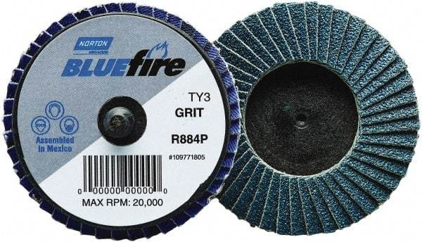 Norton - 80 Grit, 2" Disc Diam, Type 27 Zirconia Alumina Flap Disc - 30,000 Max RPM, Fiberglass Backing, Quick Change Type R Attaching System, Coated - Benchmark Tooling