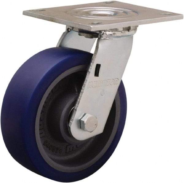 Hamilton - 6" Diam x 2" Wide x 7-1/2" OAH Top Plate Mount Swivel Caster - Polyurethane Mold onto Cast Iron Center, 900 Lb Capacity, Sealed Precision Ball Bearing, 5 x 5-1/2" Plate - Benchmark Tooling
