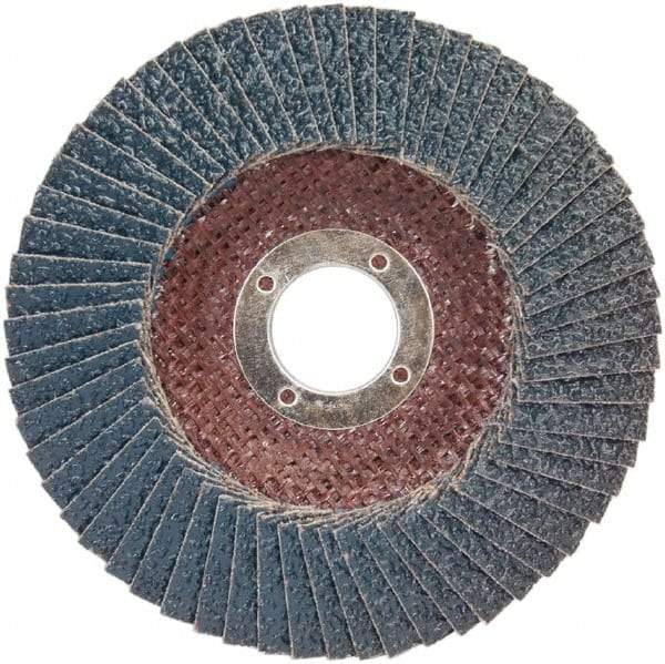 Norton - 60 Grit, 4-1/2" Disc Diam, 7/8" Center Hole, Type 29 Zirconia Alumina Flap Disc - 13,300 Max RPM, Plastic Backing, Arbor Attaching System, Coated - Benchmark Tooling