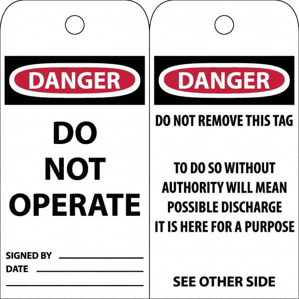 NMC - 3" High x 6" Long, DANGER \x96 DO NOT OPERATE, English Safety & Facility Accident Prevention Tag - Tag Header: Danger, 2 Sides, White Poly - Benchmark Tooling