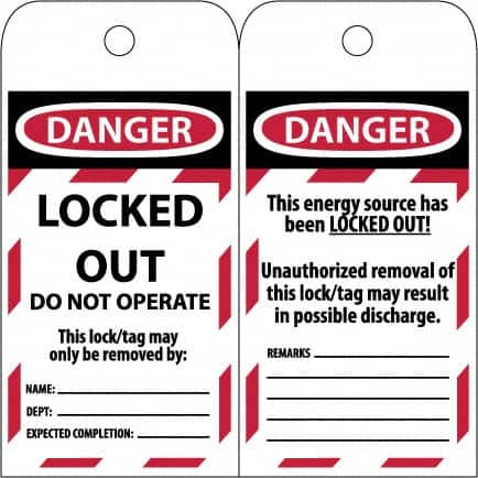NMC - 3" High x 6" Long, LOCKED OUT - DO NOT OPERATE, English Safety & Facility Lockout Tag - Tag Header: Danger, 2 Sides, Black & Red Poly - Benchmark Tooling