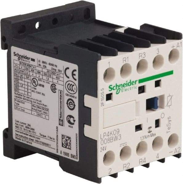 Schneider Electric - 4 Pole, 24 Coil VDC, 16 Amp at 690 VAC and 20 Amp at 440 VAC, Nonreversible IEC Contactor - BS 5424, CSA, IEC 60947, NF C 63-110, RoHS Compliant, UL Listed, VDE 0660 - Benchmark Tooling