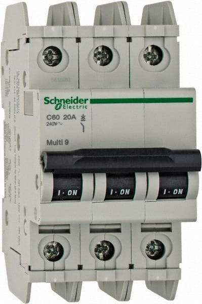 Schneider Electric - 20 Amp, 125 VDC, 240 VAC, 60 VDC, 3 Pole, DIN Rail Mount, Fixed Mount Miniature Circuit Breaker - Thermal Magnetic Trip, Multiple Breaking Capacity Ratings, 73mm Deep x 107mm High x 54mm Wide - Benchmark Tooling