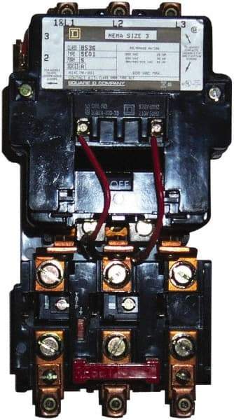 Square D - 220 Coil VAC at 50 Hz, 240 Coil VAC at 60 Hz, 90 Amp, NEMA Size 3, Nonreversible Open Enclosure NEMA Motor Starter - 3 Phase hp: 25 at 200 VAC, 30 at 230 VAC, 50 at 460 VAC, 50 at 575 VAC - Benchmark Tooling