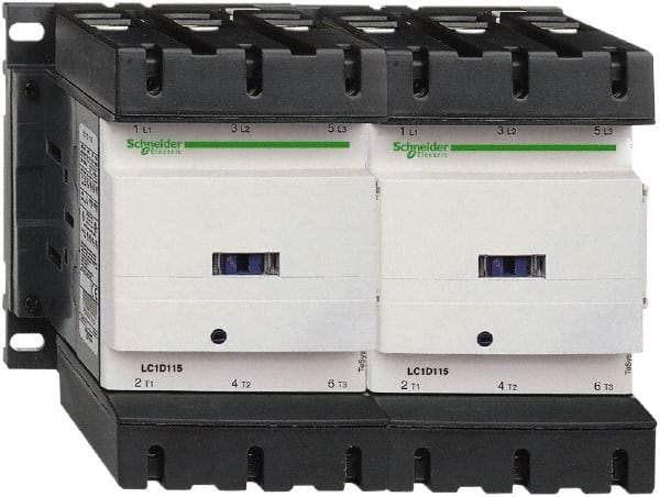 Schneider Electric - 3 Pole, 120 Coil VAC at 50/60 Hz, 115 Amp at 440 VAC, Reversible IEC Contactor - 3 Phase hp: 100 at 575/600 VAC, 30 at 200/208 VAC, 40 at 230/240 VAC, 75 at 460/480 VAC - Benchmark Tooling