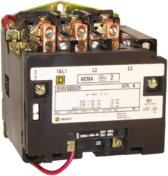 Square D - 3 Pole, 440 Coil VAC at 50 Hz and 480 Coil VAC at 60 Hz, 45 Amp NEMA Contactor - Open Enclosure, 50 Hz at 440 VAC and 60 Hz at 480 VAC - Benchmark Tooling
