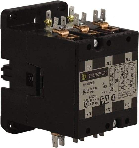 Square D - 3 Pole, 90 Amp Inductive Load, 24 Coil VAC at 50/60 Hz, Definite Purpose Contactor - Phase 1 and Phase 3 Hp: 20 at 230 VAC, 30 at 230 VAC, 50 at 460 VAC, 50 at 575 VAC, 7.5 at 115 VAC, 120 Amp Resistive Rating, CE, CSA, UL Listed - Benchmark Tooling