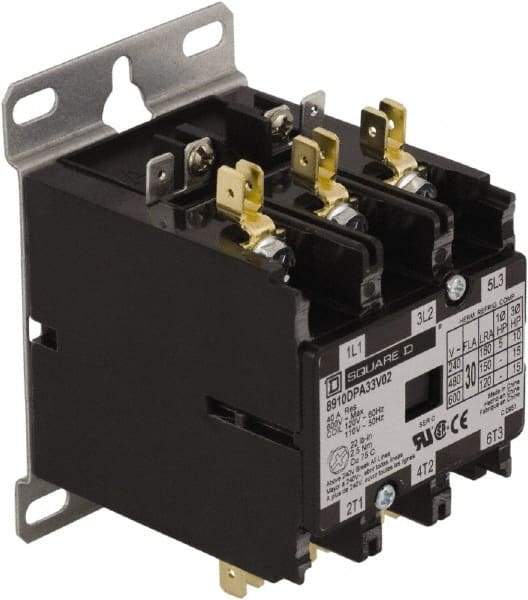 Square D - 3 Pole, 30 Amp Inductive Load, 24 Coil VAC at 50/60 Hz, Definite Purpose Contactor - Phase 1 and Phase 3 Hp: 10 at 230 VAC, 15 at 460 VAC, 2 at 115 VAC, 20 at 575 VAC, 5 at 230 VAC, 40 Amp Resistive Rating, CE, CSA, UL Listed - Benchmark Tooling