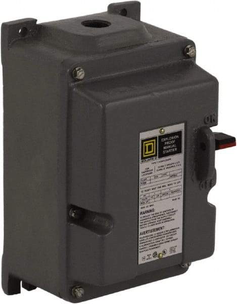 Square D - 3 Poles, 27 Amp, M-1 NEMA, Enclosed Pushbutton Manual Motor Starter - 10 hp at 380 to 575 VAC & 7-1/2 hp at 200 to 230 VAC, CSA, NEMA 7/9 & UL Listed - Benchmark Tooling
