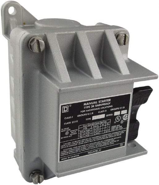 Square D - 2 Poles, 30 Amp, NEMA, Enclosed Toggle Manual Motor Starter - 1 hp at 90 VDC, 1-1/2 hp at 230 VDC, 2 hp at 115 VAC, 2 hp at 115 VDC, 2 hp at 230 VAC, 3 hp at 460 VAC & 3 hp at 575 VAC, CE, CSA, NEMA 3R/7/9 & UL Listed - Benchmark Tooling