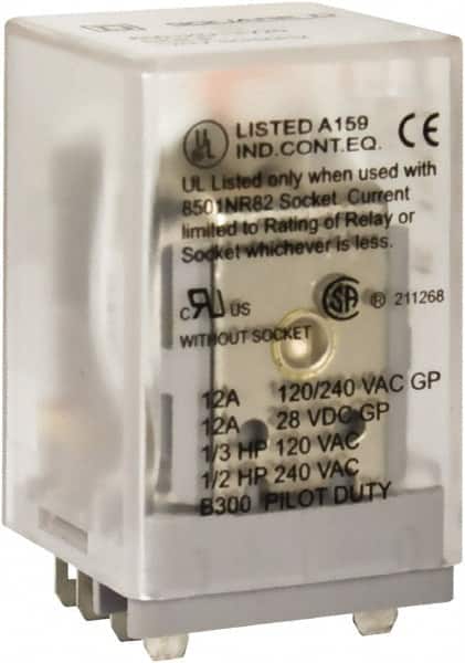 Square D - 8 Pins, 1 hp at 277 Volt & 1/3 hp at 120 Volt, 3 VA Power Rating, Square Electromechanical Plug-in General Purpose Relay - 10 Amp at 250 VAC, DPDT, 120 VAC at 50/60 Hz, 34.9mm Wide x 50mm High x 35.4mm Deep - Benchmark Tooling