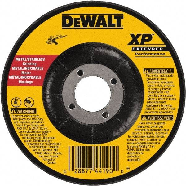 DeWALT - 24 Grit, 6" Wheel Diam, 1/4" Wheel Thickness, 7/8" Arbor Hole, Type 27 Depressed Center Wheel - Zirconia Alumina, Resinoid Bond, 10,100 Max RPM, Compatible with Angle Grinder - Benchmark Tooling