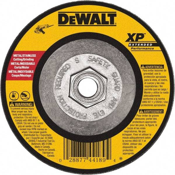 DeWALT - 24 Grit, 6" Wheel Diam, 1/8" Wheel Thickness, Type 27 Depressed Center Wheel - Zirconia Alumina, Resinoid Bond, 10,100 Max RPM, Compatible with Angle Grinder - Benchmark Tooling