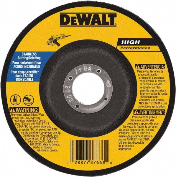 DeWALT - 30 Grit, 6" Wheel Diam, 1/8" Wheel Thickness, 7/8" Arbor Hole, Type 27 Depressed Center Wheel - Aluminum Oxide, 10,100 Max RPM, Compatible with Angle Grinder - Benchmark Tooling