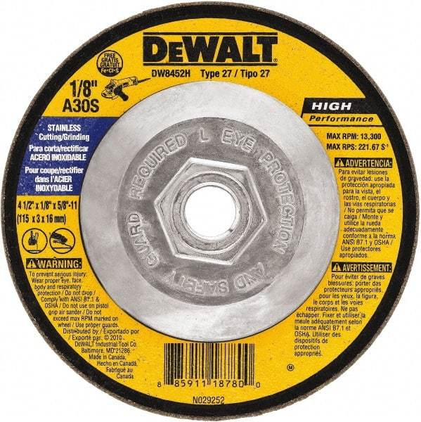 DeWALT - 30 Grit, 6" Wheel Diam, 1/8" Wheel Thickness, Type 27 Depressed Center Wheel - Aluminum Oxide, 10,100 Max RPM, Compatible with Angle Grinder - Benchmark Tooling