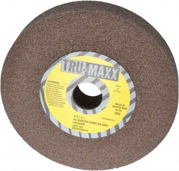 Tru-Maxx - 60 Grit Aluminum Oxide Bench & Pedestal Grinding Wheel - 6" Diam x 1" Hole x 1" Thick, 5410 Max RPM, O Hardness, Medium Grade , Vitrified Bond - Benchmark Tooling