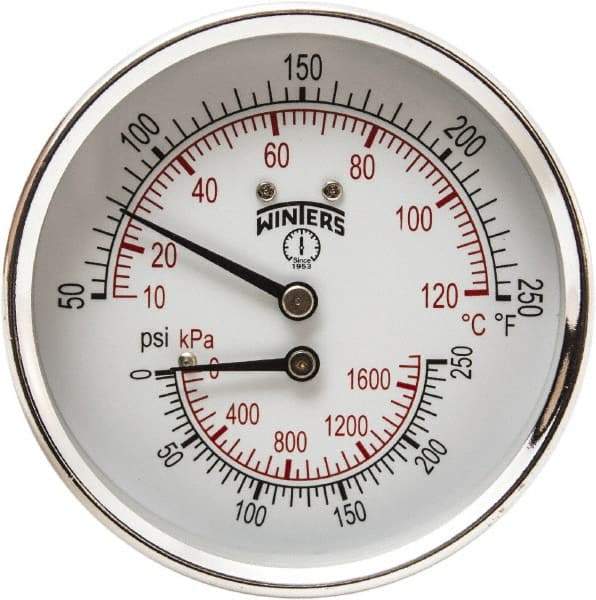 Winters - 3" Dial, 1/2 Thread, 0-250 Scale Range, Pressure Gauge - Center Back Connection Mount, Accurate to 0.03% of Scale - Benchmark Tooling