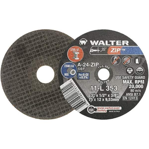WALTER Surface Technologies - 3" 24 Grit Aluminum Oxide Cutoff Wheel - 1/2" Thick, 3/8" Arbor, 25,470 Max RPM, Use with Die Grinders - Benchmark Tooling