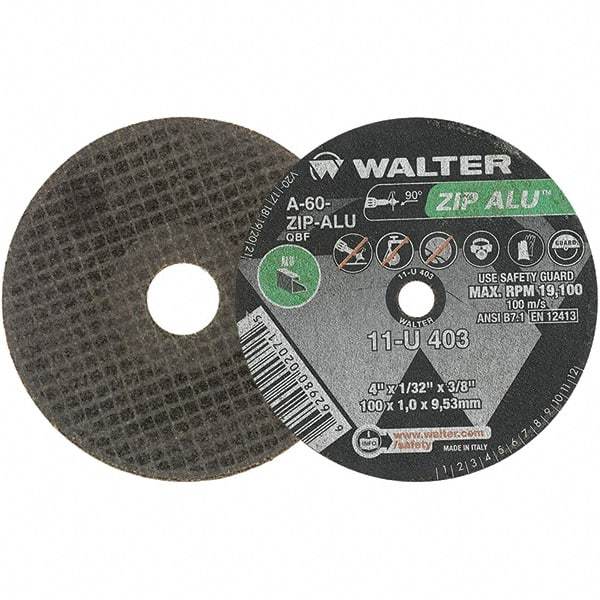 WALTER Surface Technologies - 4" 60 Grit Aluminum Oxide Cutoff Wheel - 1/32" Thick, 3/8" Arbor, 19,100 Max RPM, Use with Angle Grinders - Benchmark Tooling