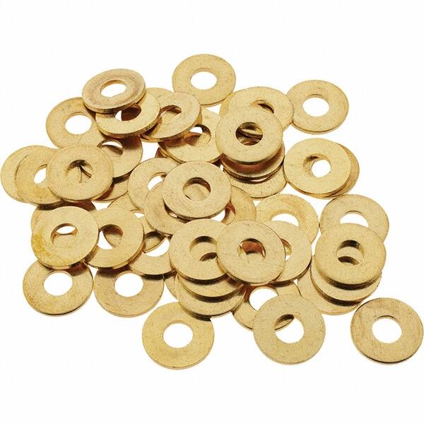 Value Collection - #8 Screw, Brass Standard Flat Washer - 0.172" ID x 7/16" OD, 0.036" Thick, Plain Finish - Benchmark Tooling