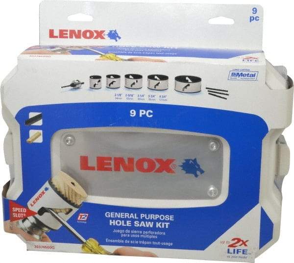 Lenox - 9 Piece, 2-1/8" to 4-3/4" Saw Diam, General Purpose Hole Saw Kit - Bi-Metal, Includes 5 Hole Saws - Benchmark Tooling