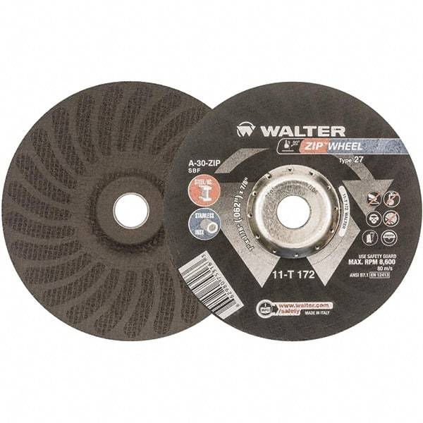 WALTER Surface Technologies - 30 Grit, 7" Wheel Diam, 1/16" Wheel Thickness, 7/8" Arbor Hole, Type 27 Depressed Center Wheel - Aluminum Oxide, Resinoid Bond, 8,600 Max RPM - Benchmark Tooling