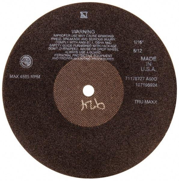 Tru-Maxx - 10" 60 Grit Aluminum Oxide Cutoff Wheel - 1/16" Thick, 5/8" Arbor, 3,629 Max RPM, Use with Stationary Tools - Benchmark Tooling