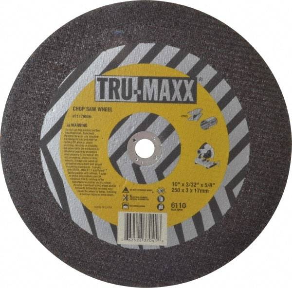 Tru-Maxx - 10" 36 Grit Aluminum Oxide Cutoff Wheel - 3/32" Thick, 5/8" Arbor, 6,112 Max RPM, Use with Stationary Tools - Benchmark Tooling