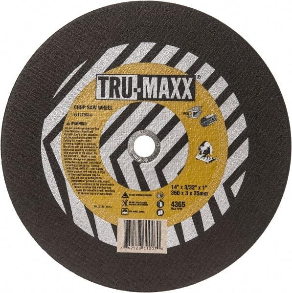 Tru-Maxx - 14" 36 Grit Aluminum Oxide Cutoff Wheel - 3/32" Thick, 1" Arbor, 4,365 Max RPM, Use with Chop Saws - Benchmark Tooling