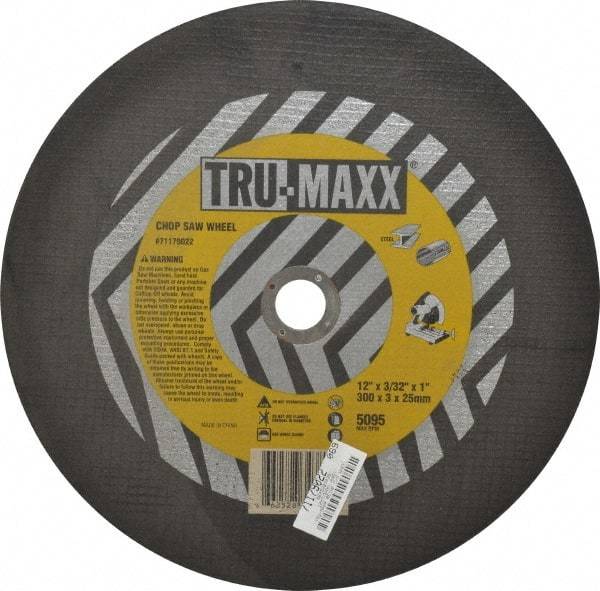 Tru-Maxx - 12" 36 Grit Aluminum Oxide Cutoff Wheel - 3/32" Thick, 1" Arbor, 5,095 Max RPM, Use with Chop Saws - Benchmark Tooling