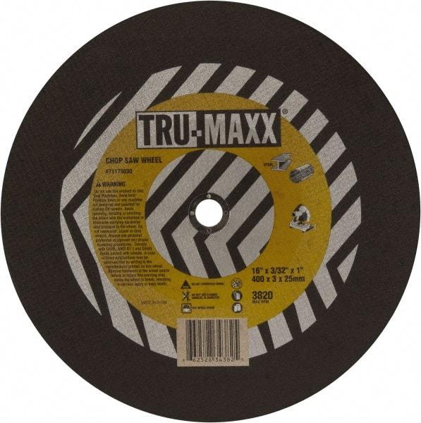 Tru-Maxx - 16" 36 Grit Aluminum Oxide Cutoff Wheel - 7/64" Thick, 1" Arbor, 3,820 Max RPM, Use with Chop Saws - Benchmark Tooling