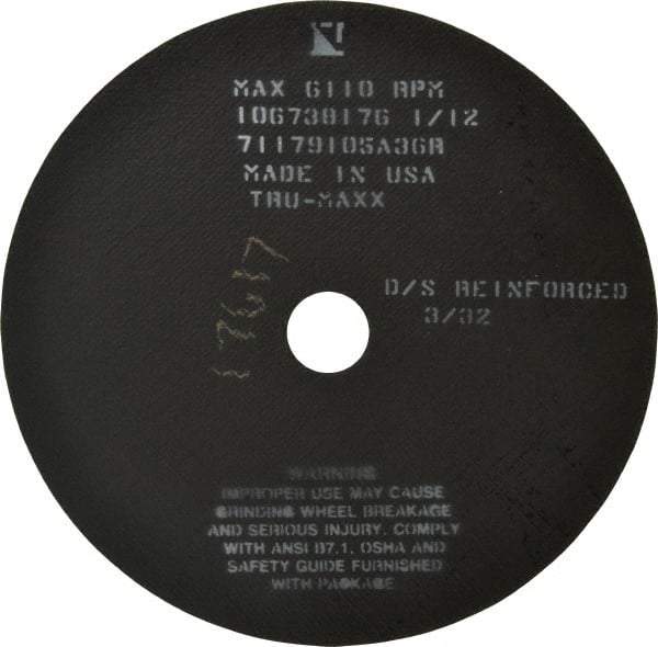 Tru-Maxx - 10" 36 Grit Aluminum Oxide Cutoff Wheel - 3/32" Thick, 1-1/4" Arbor, 6,112 Max RPM, Use with Stationary Tools - Benchmark Tooling